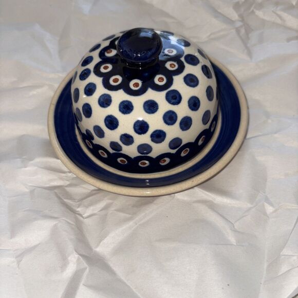 Boleblawiec Hand Made Polish Art Pottery Cheese Dish with Lid Blue White - Picture 1 of 10